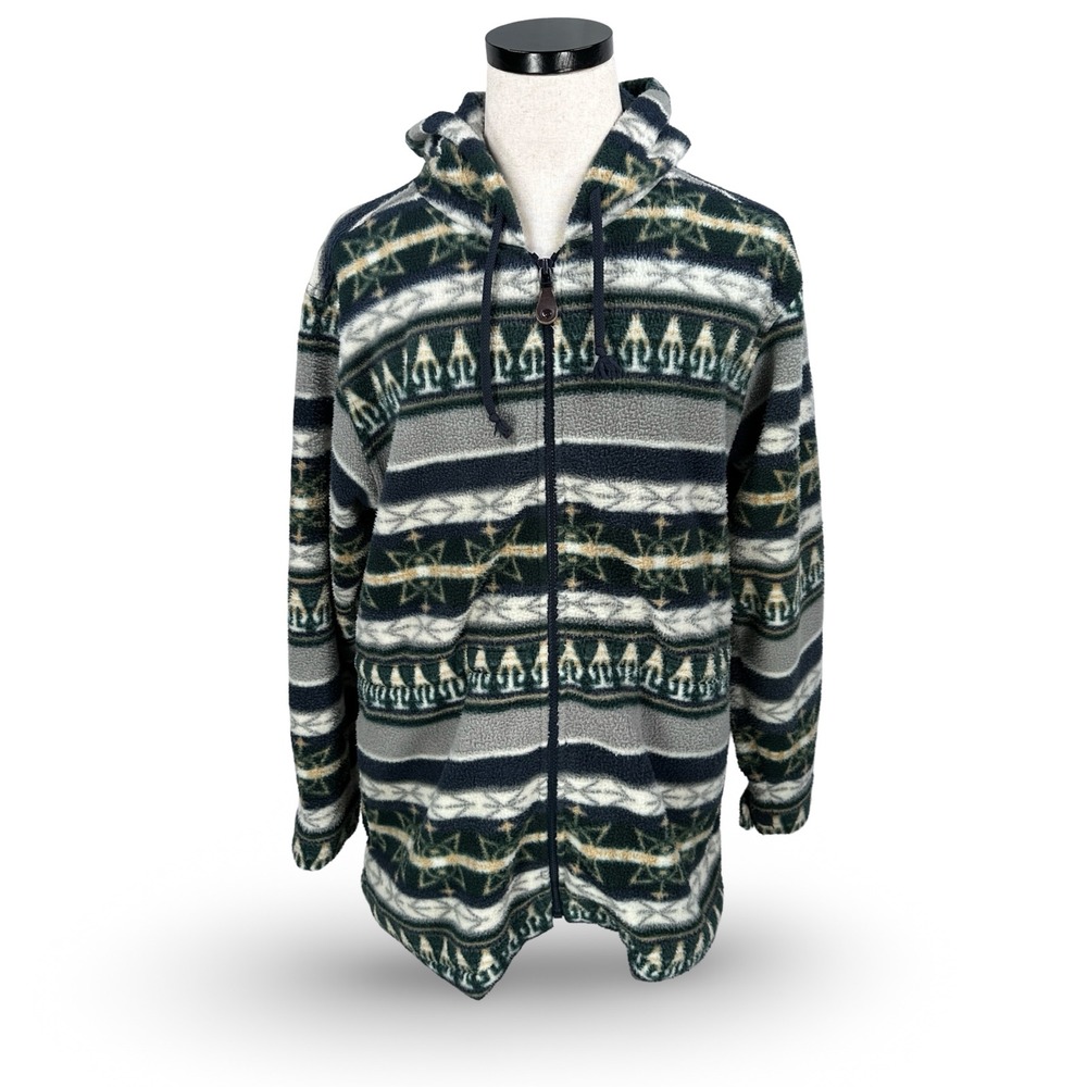 Vintage American Eagle Aztec Southwestern‎ Fleece Zip Hoodie Jacket Gray Green M